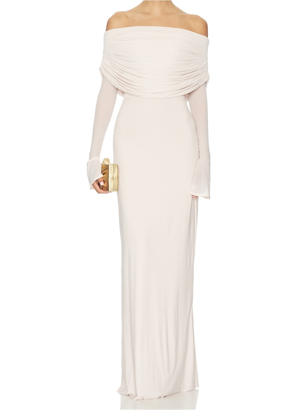 Deme Lesya Dress Egg White Off Shoulder Draped Maxi Gown Bodysuit Size S NWT